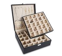 Frebeauty Earring Holder Organiser, 50 Slots Earring Organiser,2 Layer Jewellery Box for Earrings and Necklace,PU Jewellery Organiser,Jewellery Organisers and Storage(Black)