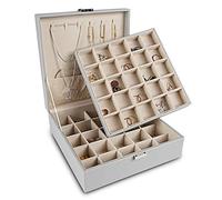 Frebeauty Earring Holder Organiser,50 Slots Earring Organiser,2 Layer Jewellery Box for with 6 Necklace Hooks,PU Jewellery Organiser,Jewellery Box for Women(Grey)