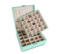 Frebeauty Earring Holder Organiser,50 Slots Earring Organiser,2 Layer Jewellery Box for with 6 Necklace Hooks,PU Jewellery Organiser,Jewellery Box for Women(Turquoise)