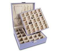 Frebeauty Earring Holder Organiser,50 Slots Earring Organiser,2 Layer Jewellery Box for with 6 Necklace Hooks,PU Jewellery Organiser,Jewellery Box for Women(Purple)