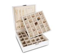 Frebeauty Earring Holder Organiser,50 Slots Earring Organiser,2 Layer Jewellery Box for with 6 Necklace Hooks,PU Jewellery Organiser,Jewellery Box for Women(White)