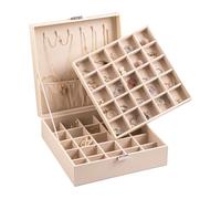 Frebeauty Earring Organizer Classic Jewelry Box 50 Slots Double Layer Jewelry Storage Case with 6 Necklace Hook and Bracelet Pocket(Beige)