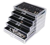 Frebeauty Extra Large Acrylic Jewellry Box for Women 5 Layers Clear Jewellry Organiser Velvet Earring Box with 5 Drawers Rings Display Case Necklaces Holder Tray for Women Girls (Black)