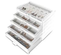 Frebeauty Extra Large Acrylic Jewellry Box for Women 5 Layers Clear Jewellry Organiser Velvet Earring Box with 5 Drawers Rings Display Case Necklaces Holder Tray for Women Girls (White)