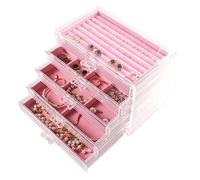 Frebeauty Extra Large Acrylic Jewellry Box for Women 5 Layers Clear Jewelry Organiser Velvet Earring Box with 5 Drawers Rings Display Case Necklaces Holder Tray for Women Girls(Pink)
