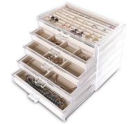 Frebeauty Extra Large Acrylic Jewellry Box for Women Girls 5 Layers Clear Velvet Earring Organiser with 5 Drawers Rings Display Case Necklaces Holder Tray (Beige)