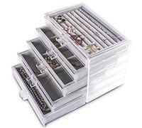 Frebeauty Extra Large Acrylic Jewelry Box for Women 5 Layers Clear Jewelry Organizer Velvet Earring Box with 5 Drawers Rings Display Case Necklaces Holder Tray for Women Girls (Grey)