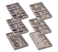 Frebeauty Jewellery Organiser Tray,Stackable Velvet Jewellery Trays,Drawer Inserts Earring Organiser For Women Girls Jewellery Storage Display Case for Rings Stud Necklaces,Set of 6(Grey)