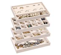 Frebeauty Jewellery Organiser Tray,Stackable Velvet Jewellery Trays,Drawer Inserts Earring Organiser For Women Girls Jewellery Storage Display Case for Rings Stud Necklaces,Set of 4(Beige)