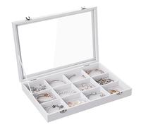 Frebeauty Jewellery Tray 12 Grid Velvet Jewellery Organiser Storage Box with Clear Lid Drawer Jewellery Holder Display Case with Clasp for Pendant Bracelets Necklace for Girl Women(White 12 Grid)