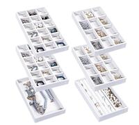 Frebeauty, Jewelry Organizer Tray for Women Stackable Velvet Drawer Insert Earring Organizer Display Rack for Rings Necklace Earrings Set of 6 White