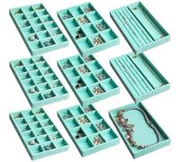 Frebeauty Jewelry Organizer Tray,Stackable Velvet Jewelry Trays,Drawer Inserts Earring Organizer For Women Girls Jewelry Storage Display Case for Rings Stud Necklaces,Set of 9(Turquoise)