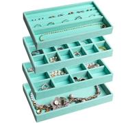 Frebeauty Jewelry Organizer Tray,Stackable Velvet Jewelry Trays,Drawer Inserts Earring Organizer For Women Girls Jewelry Storage Display Case for Rings Stud Necklaces,Set of 4(Turquoise)