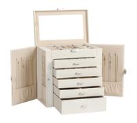 Frebeauty Large Jewellery Box,6-Tier PU Leather Jewellery Organiser,Multi-functional Storage Case with Mirror,Accessories Holder with 5 Drawers for Necklace Bracelets Watches(White)