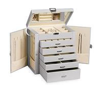 Frebeauty Large Jewellrey Box,6-Tier PU Leather Jewellery Organiser,Multi-functional Storage Case with Mirror,Accessories Holder with 5 Drawers for Necklace Bracelets Watches(Grey)