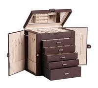 Frebeauty Large Jewelry Box,6-Tier PU Leather Jewelry Organizer,Multi-functional Storage Case with Mirror,Accessories Holder with 5 Drawers for Necklace Bracelets Watches(Dark Brown)