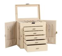 Frebeauty Large Jewelry Box,6-Tier PU Leather Jewelry Organizer,Multi-functional Storage Case with Mirror,Accessories Holder with 5 Drawers for Necklace Bracelets Watches(Beige)
