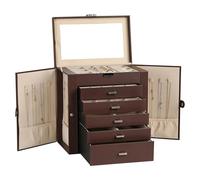 Frebeauty Large Jewelry Box,6-Tier PU Leather Jewelry Organizer,Multi-functional Storage Case with Mirror,Accessories Holder with 5 Drawers for Necklace Bracelets Watches(Dark Brown)