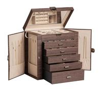 Frebeauty Large Jewelry Box, 6-Tier PU Leather Jewelry Organizer Multifunctional Storage Box with Mirror, Accessory Holder with 5 Drawers for Necklaces, Bracelets, Watches (Tree Brown)