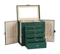 Frebeauty Large Jewelry Box, 6-Tier PU Leather Jewelry Organizer Multifunctional Storage Box with Mirror Accessory Holder with 5 Drawers for Necklaces Bracelets Watches (Black Green)