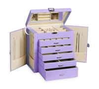 Frebeauty Large Jewelry Box,6-Tier PU Leather Jewelry Organizer with Lock,Multi-functional Storage Case with Mirror,Accessories Holder with 5 Drawers for Earrings Necklace Bracelets (Purple)