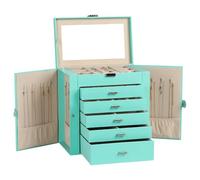 Frebeauty Large Jewelry Box,6-Tier PU Leather Jewelry Organizer with Lock Multi-functional Storage Case with Mirror Accessories Holder with 5 Drawers for Earrings Necklace Bracelet Watches(Turquoise)