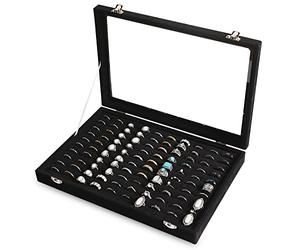 Frebeauty Ring Organiser Tray 100 Slots Ring Holder with Clear Lid Velvet Ring Storage Box Ring Tray for Jewellery Store Ring Display Case for Jewellery Show Ring Box for Women(Black)