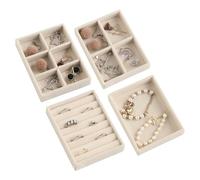 Frebeauty Small Jewelry Tray Set,Stackable Velvet Jewelry Organizer Tray,Mini Jewelry Drawer Organizer,Drawer Inserts,4.92 x 3.74 x 0.9 Inches,Earring Organizer for Women(Set 4,Beige)