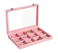 Frebeauty Velvet Jewelry Tray,12 Grid Jewelry Organizer with Clear Lid,Bracelets Holder,Jewelry Display Case with Clasp,Drawer Insert Bangle Brooch,13.8 x 9.5 x 2 Inches,Gift for Women Girls(Pink)