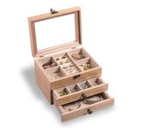 Frebeauty Wooden Jewelry Box 3 Layer Vintage Jewelry Organizer with Clear Lid Rustic Wood Jewelry Holder Jewelry Case for Rings Bracelets Brooches Jewelry Storage(Burlywood)
