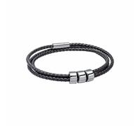 Fred Bennett 3 Rows Black Leather Stainless Steel Bead Bracelet B5576B - - Stainless Steel / Leather