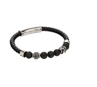 Fred Bennett Stainless Steel Black Leather Lava Bead Bracelet B5097