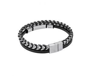 Fred Bennett Black Leather & Stainless Steel ID Bar Bracelet 1.2 x 0.5cm, 19.5cm