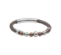 Fred Bennett Coffee Plated Stainless Steel Beads Brown Leather Bracelet B5466