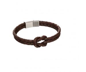 Fred Bennett Double Row Knot Brown Leather Bracelet B5152 - - Stainless Steel