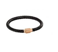 Fred Bennett Hexagon Ridge Clasp Rose Black Leather Plait - Stainless Steel
