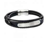 Fred Bennett Mens Woven Black Leather Multi ID Bar Bracelet B5282 - Bold - Stainless Steel