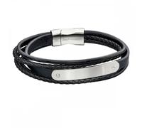 Fred Bennett Mens Woven Black Leather Multi ID Bar Bracelet B5282 - Bold - Stainless Steel
