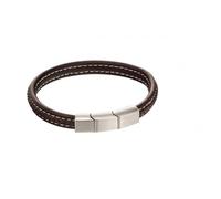 Fred Bennett Plait Mixed Brushed Finish Brown Leather Bracelet - Stainless Steel