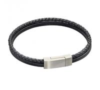 Fred Bennett Reborn Black Two Row Recycled Leather Bracelet B5321 - Premium - Stainless Steel