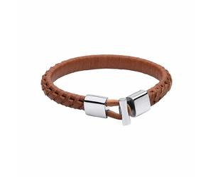 Fred Bennett Tan Special Braided Leather A T-Bar Clasp 22cm Bracelet B5506 - - Stainless Steel / Leather