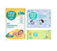 Fred & Flo Size 1 Nappies 50 Pack Bundle with Nappy Bags & Fragranced Wipes