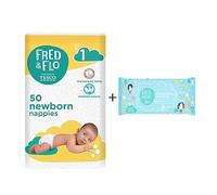 Fred & Flo Size 1 Newborn Nappies 50 Pack + 60 Fragrance Free Baby Wipes