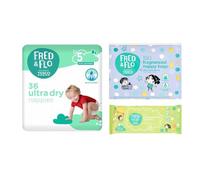 Fred & Flo Size 5+ Nappies 36 Pack Bundle with Nappy Bags & Fragranced Wipes