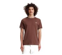 Fred Perry Mens 100% Cotton Twin Tipped T Shirt M1588 in Brick Brown & Tipped with Warm Grey Size Large