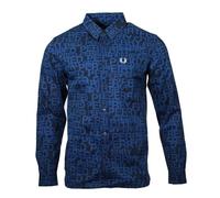 Fred Perry Mens All-Over Logo Shaded Cobalt Long Sleeve Shirt - Blue Cotton - Size X-Large