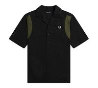 Fred Perry Mens Panelled Short-Sleeved Bowling Shirt - Black - S - Black - 70% Cotton/30% Lyocell