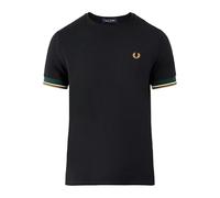 Fred Perry Twin Tipped Cuff T-Shirt, Black with Green and Caramel Trim (UK, Alpha, L, Regular, Regular, Black/Green/Caramel)