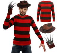 Freddy Costume for Adults 3PCS Sweater Hat Claw Glove Scary Horror Killer Krueger Dress Up Set Red and Green Stripes Jumper Halloween Cosplay Fancy Dress Costume Outfit for Men Women