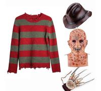 Freddy Krueger Cosplay Costume Adult Sweater Red Striped Knitting Top Coat Hat Mask Freddie Krueger Halloween Costume For Men Set A M